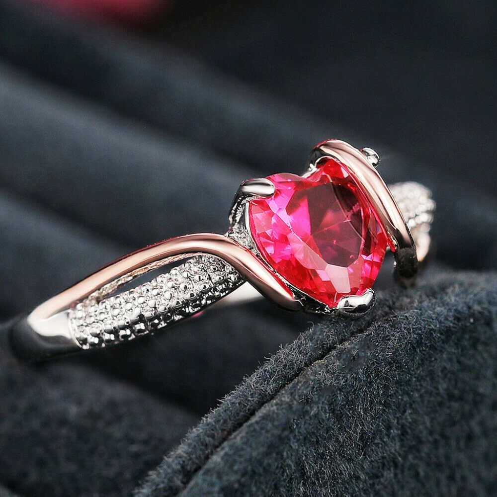 Two Tone 925 Silver Romantic Valentine Heart Cut CZirconia Ring Size 6-10 - Picture 2 of 4